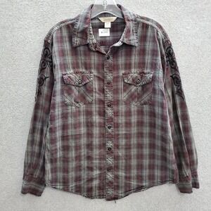 Decree Men Button Up Shirt Medium Red Plaid Flannel Embroidered Pockets Collar